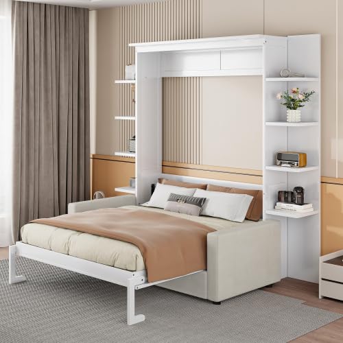Bellemave Queen Size Murphy Bed with Sofa, Wall with Storage Shelves, Folding Cabinet Bed for Bedroom, Apartment, Home Office, White