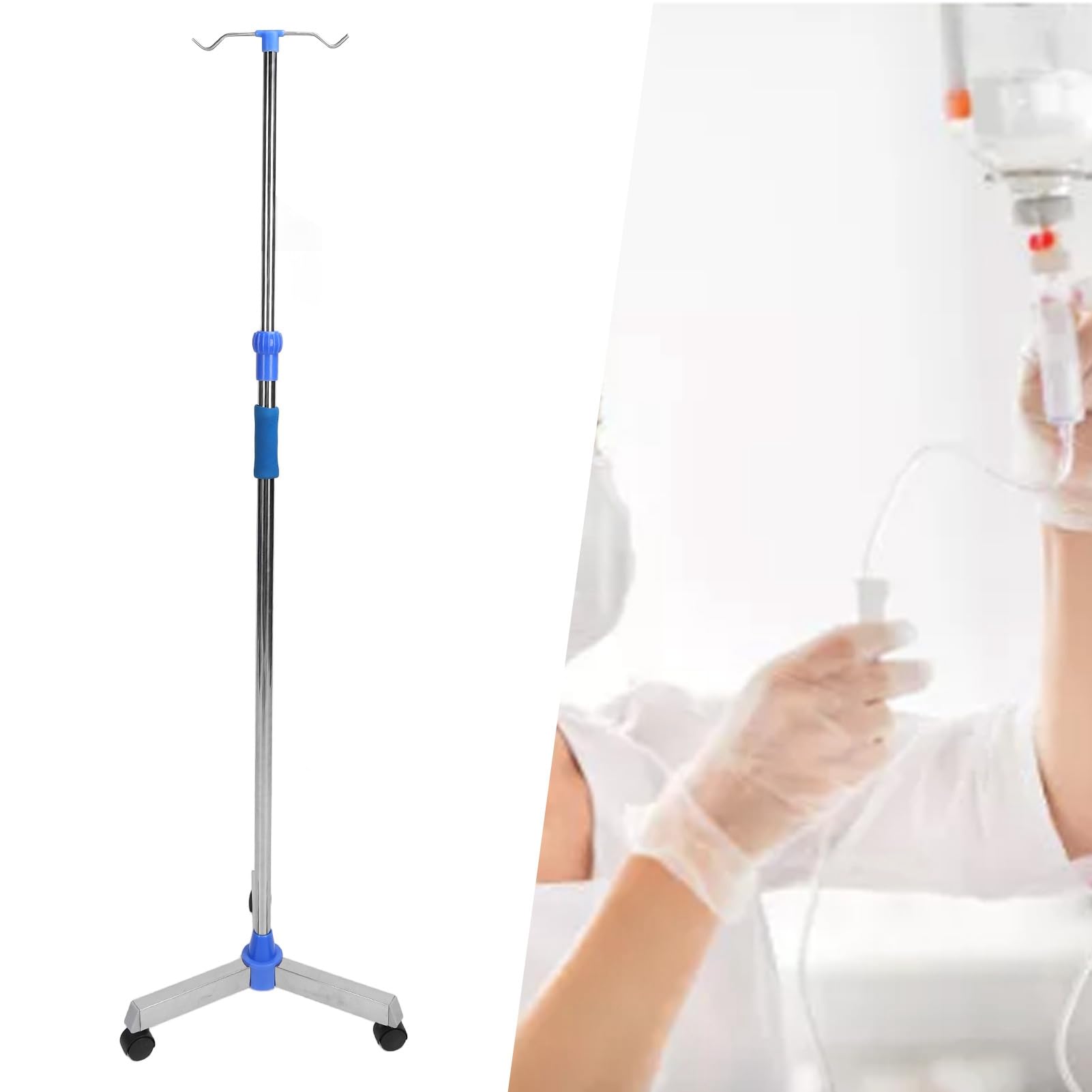 Asta Portaflebo, Asta Portaflebo Pavimento in Acciaio Inossidabile con Altezza Regolabile, Base Triangolare con Ruote, Asta Spessa, 2 Ganci, Supporto per Borsa Portaflebo per