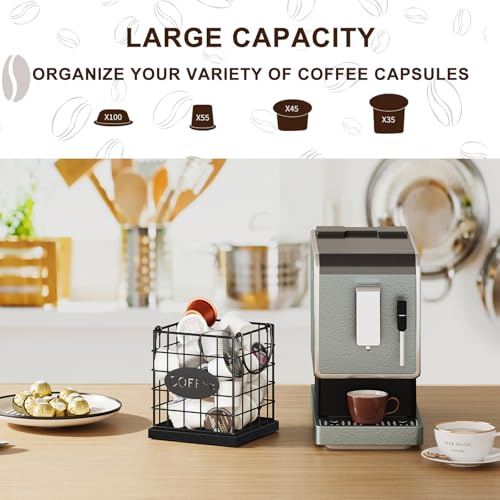 Image of YINMIT K Cup Holder Organizer, Sturdy Coffee Pod Holder Organizer, 35 Kcup Large Capacity Storage Basket for Kitchen Counter and Office Desktop (Black-Square with Handle)