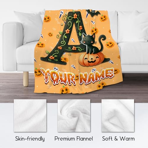 Halloween Blanket - Personalized Cat Initial Gifts for Kids - Custom Flannel Cozy Pumpkin Blankets for Halloween Decor
