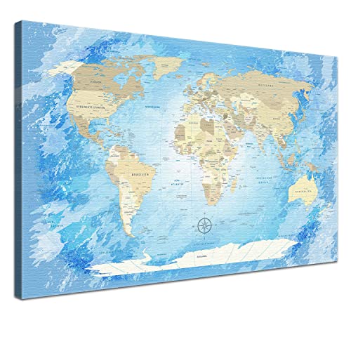 Lana KK® - Premium Weltkarte Pinnwand, "Frozen" Deutsch, Leinwand zum Pinnen der Reiseziele als Wandbild - Landkarte in blau, 80x60 cm Cover