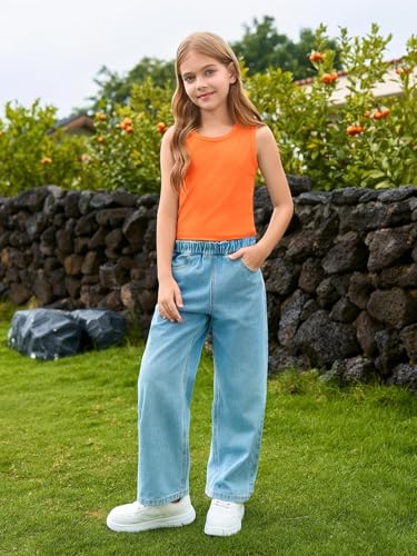 Image of Haloumoning Girls Tank Tops Kids Athletic Ribbed Knit Sleeveless Crop Tops Basic Camisole 5-14 Years