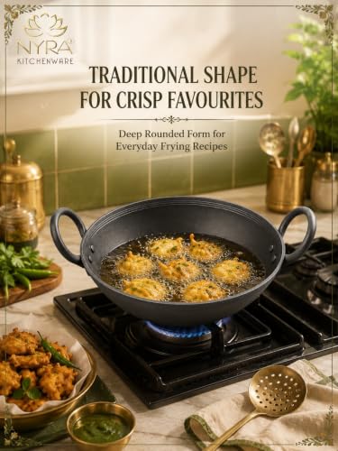 Image of NYRA Natural Traditional Black Iron Kadhai for Cooking Handmade Heavy Base Loha Kadai Lokhand /Lokhandi with Handle (Small - 1 LTR)