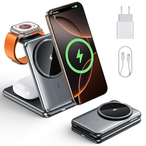 BKXCHA 3 in 1 Induktive Ladestation für Apple Watch und iPhone, Faltbar Wireless Charger mit Mag-Safe für iPhone 16/15/14/13/12/11/X, Apple Watch 10/9, AirPods mit 20W Fast Adapter for Bedroom Office