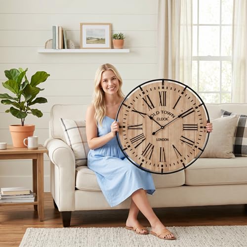Image of EMAX HOME 30 Inch Rustic Wall Clock, Warm Light Oak Wood Look with Black Iron Frame, Silent Sweep Movement, Clear Roman Numerals and Tick Marks, for Fireplace Mantel, Hallway, or Dining Room.