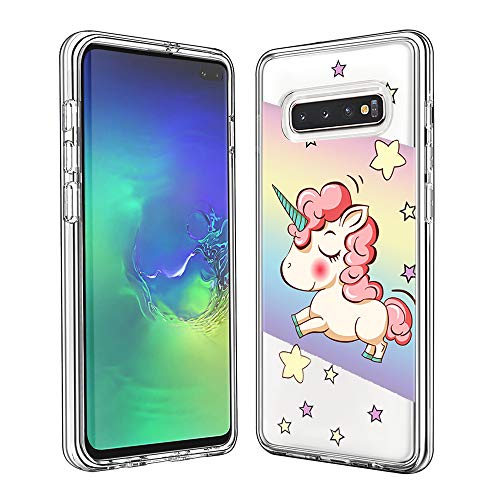 FAWUMAN Clear Phone Case for Samsung Galaxy S10 Plus Shockproof Hard Plastic Back + TPU Soft Bumper Protective, Cover with Kawaii Cartoon Card Phone Case （Rainbow horse）
