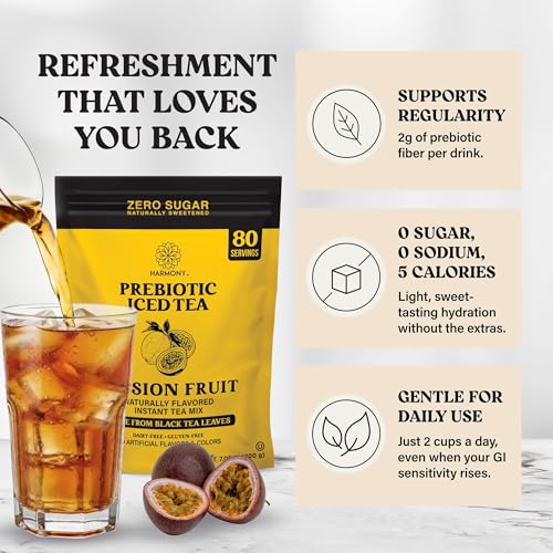 Image of Harmony Passion Fruit Prebiotic Black Iced Tea, 7.05 oz Bag, 80 Servings | Real black tea, Tropical passion fruit flavor, 80 servings per bag, Prebiotic plant fiber, 25 calories, Zero sugar