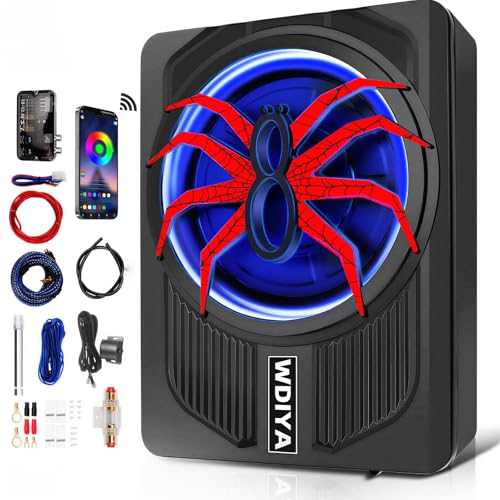 WDiYA Upgraded 10' 1200W Slim Under Seat Powered Car Subwoofer with Built-in Amplifier - Low Profile Bass Sub for Car & Truck Audio - Includes Wiring Kit & LED Ambient Lights