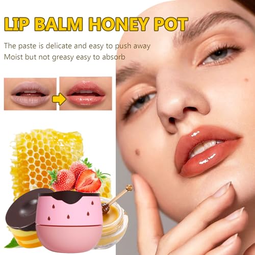 2Pcs Honey+Strawberry Bee Balm Lip Mask Set, Propolis Lip Care Cream Moisturizer Lip Mask with Lip Brush, Reduce Lip Lines & Wrinkle Lip, Hydrating Prevention Dry and Cracked Lip Scrubs Exfoliator - Image 3