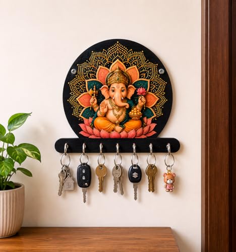 Image of Zepdos Lord Ganesha Home Decor Key Hanger for Wall | Flute Design Key Hanger with 7 Hooks | Entrance Wall Mount Key Stand for Home, Living Room, Office, Gift Item (23 x 23 CM) (2 Pcs)
