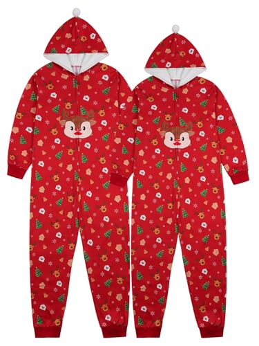 ESHOO Christmas Matching Pajamas for Couples Men Women Stripe Plaid Hooded One Piece Pjs Elk Santa Full Zipper Loungewear4