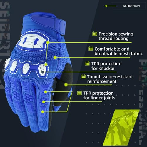Image of Seibertron Youth Unisex MX ATV MTB Racing Gloves - Full Finger Touchscreen Glove for Bicycle Cycling Mountain Biking Motorcycle and Motocross Blue XS
