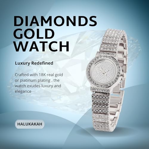 Image of Halukakah Kids' Diamond Watch Sparkling Starry: 18k Real Gold /Platinum Plated,Elegant & Casual Round Dial,Full of Diamonds,Stainless Steel Band Quartz Watch,Present for Boys and Girls