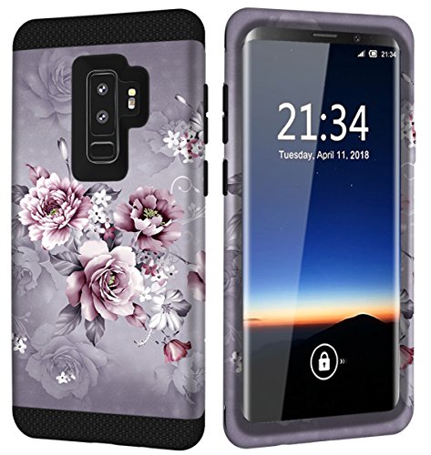 Hocase Galaxy S9 Plus Case w/Unique Floral Design, SM-G965 Case, Sturdy 3-Piece Heavy Duty Shockproof Hard Armor Cover Rubber Protective Case for Samsung Galaxy S9 Plus 2018 - Light Purple Flowers