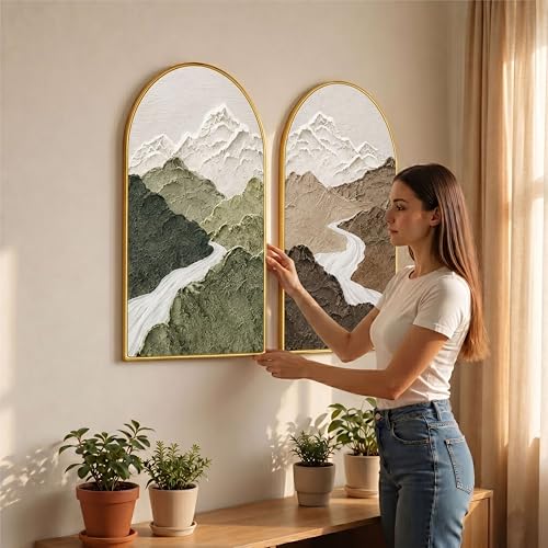 Image of Livin'luxe Set of 2 Mountain Wall Painting for Living Room, Textured Landscape Modern Artwork, PVC Golden Frame, Arch Shape Wall Decor for Bedroom, Hall, Office & Gift (30 x 32 Inch) RPNL-02-117