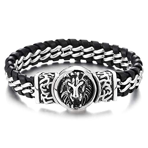 COOLSTEELANDBEYOND Steel Link Chain Bracelet Interwoven with Black Leather Straps, Vintage Lion Head Magnetic Clasp