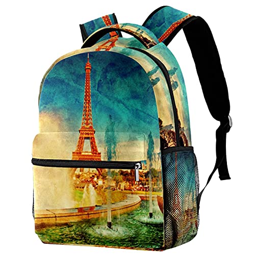 Sac à dos de voyage vintage Tour Eiffel en toile robuste avec poche gourde ergonomique