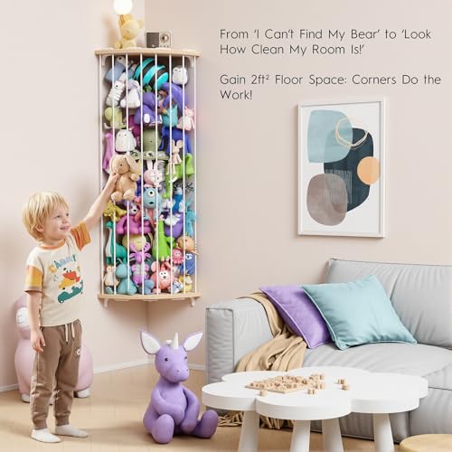 Image of Stuffed Animal Storage Wood Corner Plush Toys Holder with Star Pattern, Length Adjustable Hanging Stuffed Animal Toy Organizer Shelf for Nursery Play Room Bedroom Kid Room