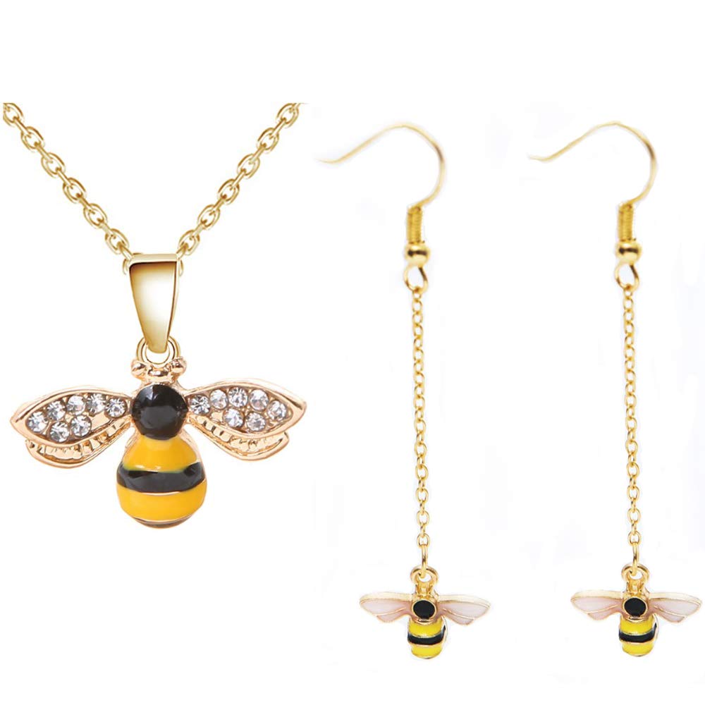 HSQYJ Crystal Bumblebee Pendant Necklace Cute Yellow Enamel Bee Drop Earrings Lovely Honey-Bee Animal Earrings Necklace Insect Dangle Drop Earrings Women Jewelry Sets