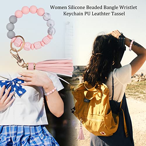 Pwod Silicone Beaded Keyring Wristlet Bracelet, House Car Keys Keychain For Women With Leather Tassel Keyring（Us,Pink Letter Love） #TOP6