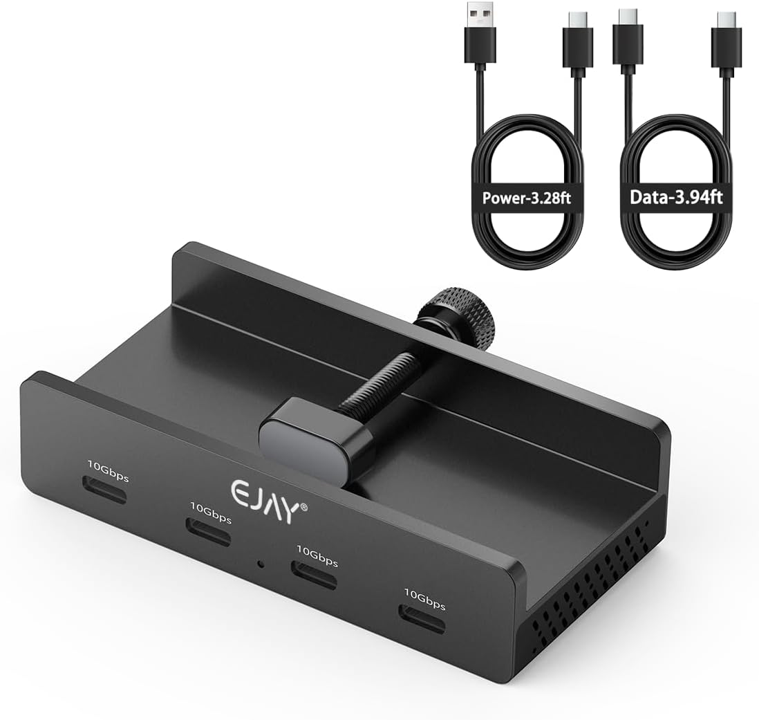 10Gbps USB C Hub - EJAY 4Ports Aluminum USB 3.2 Docking Hub Clamp Design for Desk/Computor with Extra Power Supply Port and 47inches Long Data Cable&39inches Power Cable(Black)