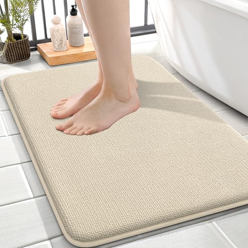 Image of OLANLY Thick Memory Foam Small Bathroom Rugs 24x16, Extra Soft Absorbent Bathroom Mat, Quick Dry Bath Mats, Non-Slip, Machine Washable Carpet for Bathroom, Tub and Shower, Home Decor Accessories, Sand