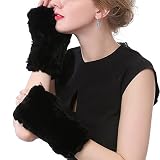 Valpeak Womens Rabbit Fur Winter Mittens Knitted Fingerless Gloves(Black)