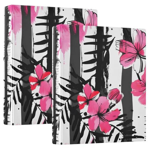 Image of 3 Ring Binder Stripes Black White Tropical Pink Flower 1.5 inch Binders Three Ring Binders with Clipboard Fit 8.5'' x 11'' Paper 3 Interior PVC Clear Pockets for Office Supplies