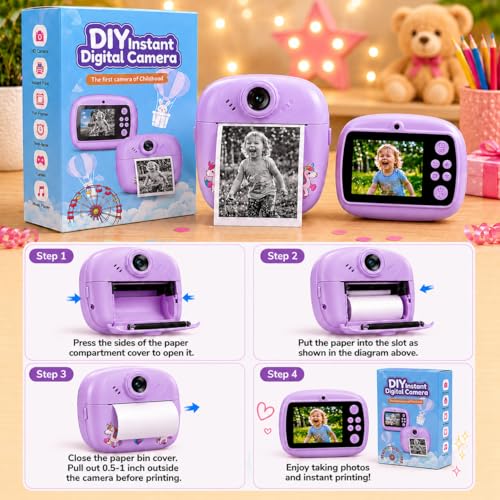 Image of Kids Instant Print Camera, 1080P HD Digital Video Camera with Built-in Thermal Printer, Fun Photo Camera for Boys & Girls (Purple)