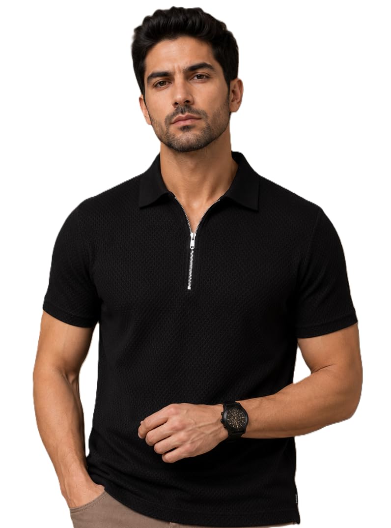 feverfew Men's Textured Half Zip Polo Neck T-Shirt | Solid | Half Sleeve Casual Tshirt | Regular Fit-picture-46