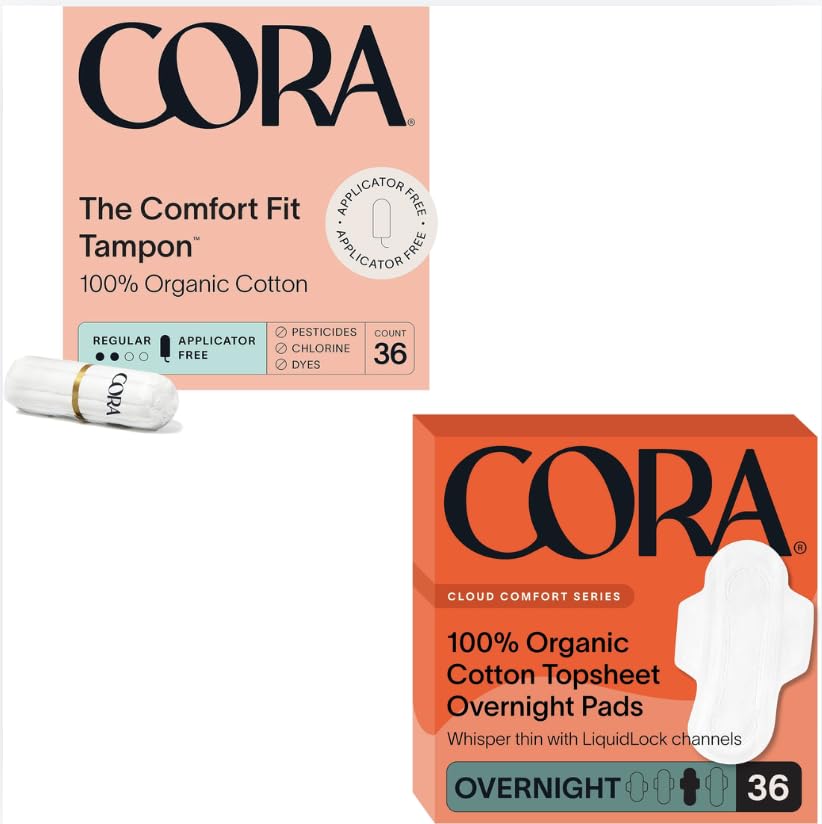 Cora Organic Feminine Care Non-Applicator Ultra-Absorbent Tampons Ultra Thin Organic Pads Overnight Absorbency 100 Organic Cotton Eco-Conscious 36