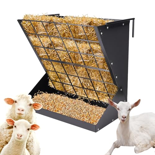 BREUAILY Großes Heuraufe für Schafe und Ziegen 2 In 1 Hay & Grain/Salt Feeder Hängende Futterraufe Schafe mit Futterspargitter und Verstellbaren Haken für Verschiedene Ställe und Korral (Schwarz)