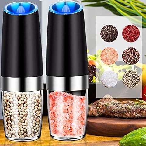 HOMMLOVE Electric Pepper Grinder, Automatic Salt and Pepper Grinder Set of 2, Battery-Operated Pepper Mill Grinder with Black Cover