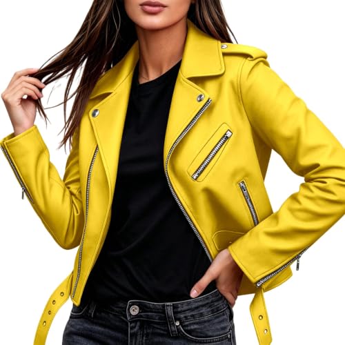 Chaqueta de piel para mujer cazadora de moto corta de cuero sintético negro con cremallera