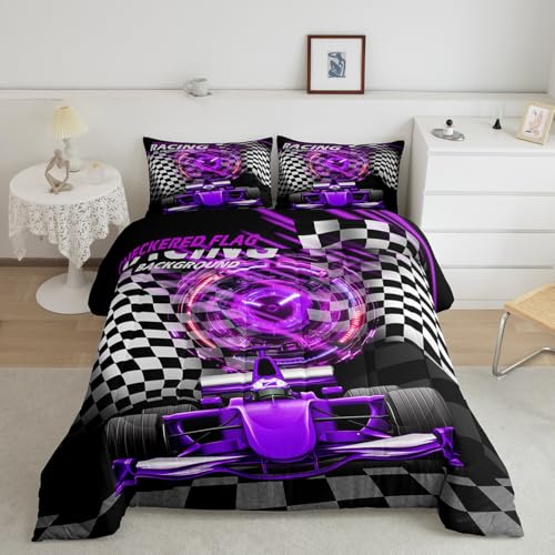 Image of Feelyou Kids Race Car Bedding Set Full Size, Purple Racing Car Comforter Set Boys Girls Karting Road Duvet Insert Teens Bedroom Decor with 2 Pillow Case
