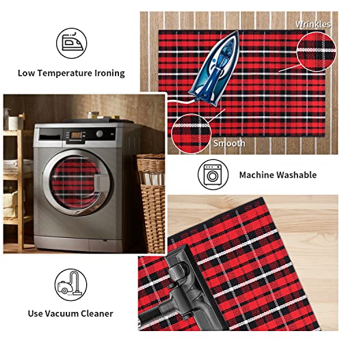 Christmas Buffalo Plaid Outdoor Rug Doormat 24''X51'' Cotton Woven Black And Red Checkered Rugs Machine Washable Stripe Area Rug Indoor Outdoor Carpet Layered Door Mats For Entryway Porch Bedroom #TOP5