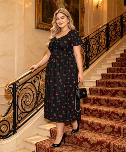 Image of CARCOS Plus Size Dresses for Curvy Women Tie Sweetheart Neck Summer Maxi Dress Short Sleeve Empire Waist Floral Boho Dress