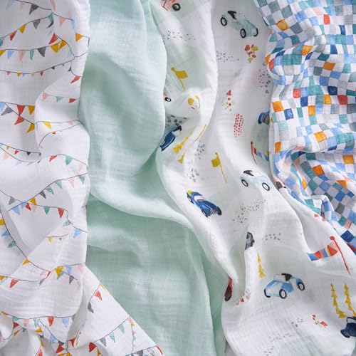 Image of aden + anais Essentials Cotton Muslin Swaddles, Breathable Baby Blanket, Ideal for Boys, Girls, Newborns, Babies & Infants, Receiving Blanket, Soft and Lightweight Wrap, 4 Pack, Vintage Car Rally
