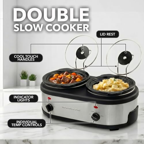 Image of OVENTE Double Slow Cooker, 3Qt Buffet Server, Silver SLO215BR | Dual 1.5Qt Pots, Adjustable Heat Control, Easy to Serve & Clean, Perfect for Entertaining, Space-Saving Design
