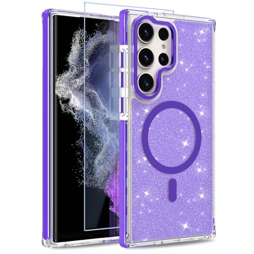 Image of Magnetic Case for Samsung Galaxy S22 Ultra [Compatible with Magsafe] [Bling Glitter Fluorescent Design] [1 Screen Protector] Slim Translucent Matte Case for Galaxy S22 Ultra 6.8 inch, Purple