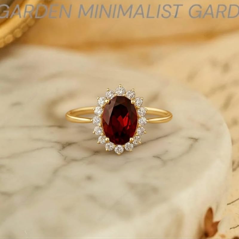 Women’s 14K Yellow Gold Plated Oval Garnet Halo Engagement Ring with CZ Diamond Accents Ring Handmade Jewelry GMR106