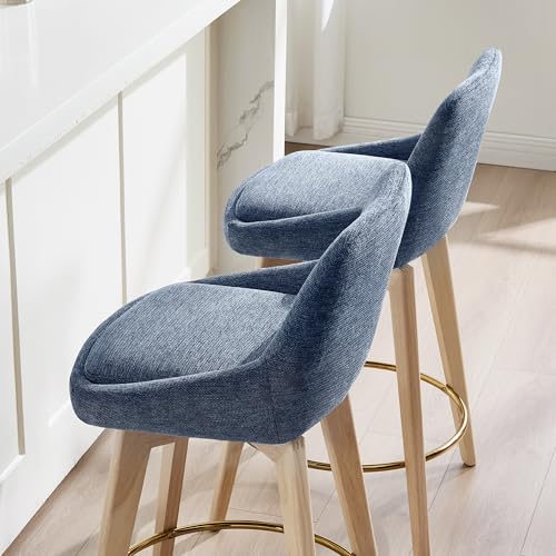 Image of Zesthouse Swivel Bar Stools Counter Height Set of 2, 26 inch Wooden Barstools with Back & Solid Wood Legs, Upholstered Linen Fabric Bar Stools for Kitchen Island, Modern Coastal Blue Counter Height Chairs