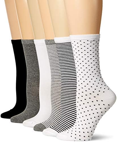 Amazon Essentials Women's Casual Crew Socks, 6 Pairs, Black/Grey, Stripe/Dots, 6-9