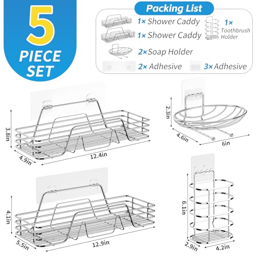 Adhesive Shower Caddy Organizer Shelves Rack-5 Pack Corner Bathroom Storage Organization, Home & Kitchen Decor Inside RV Accessories, Hanging First Apartment Household Camper Essentials (silver)