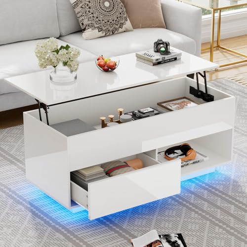 KOMHTOM - Mesa baja elevable con LED, mesa de centro negra/blanca con cajones, mesa baja pequeña y baúl para muebles de salón (blanco)