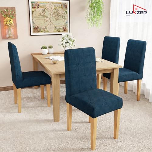 Image of Lukzer Elastic Dining Chair Cover - 2PC Pastel Marine Blue Starlight | Textured High Stretch Jacquard Seat Cover | Removable Washable Short Dining Chair Cover Protector Seat Slipcover | (CC-146-2)