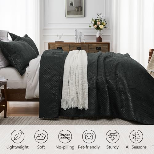Qucover Black Oversized King Bedspread 128x120, All-Season Lightweight California King Quilt Set, with 2 Shams, Soft Microfiber King Size Bedspread Oversized, Black