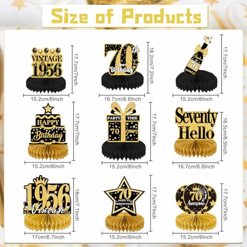 Image of 70th Birthday Decorations Men - 9PCS Vintage 70th Birthday Party Table Decorations for Women Black Gold Table Topper Honeycomb Centerpiece Supplies Seventy Year Old Birthday Party