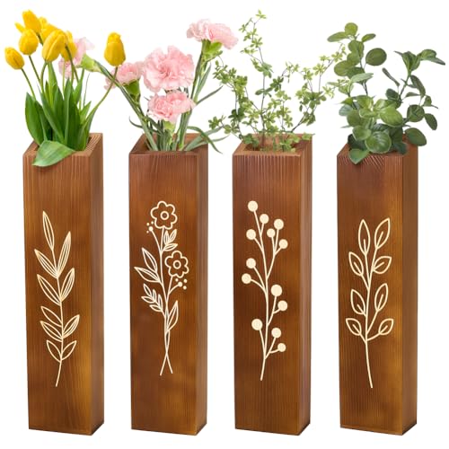 Peacoblue Wood Wall Planter, 4 Pack Indoor Pocket Wall Vases Decor for Boho Farmhouse Living Room Bedroom Dried Flowers Faux Greenery Plants Brown
