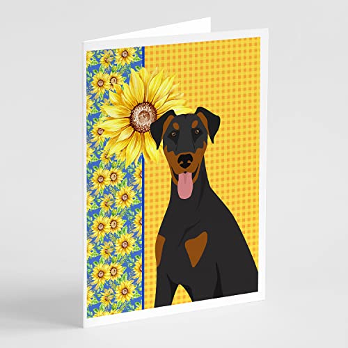 Caroline's Treasures WDK5412GCA7P Summer Sunflowers Natural Ear Black and Tan Doberman Pinscher Greeting Cards and Envelopes Pack of 8 Blank Cards with Envelopes Whimsical A7 Size 5x7 Blank Note Cards